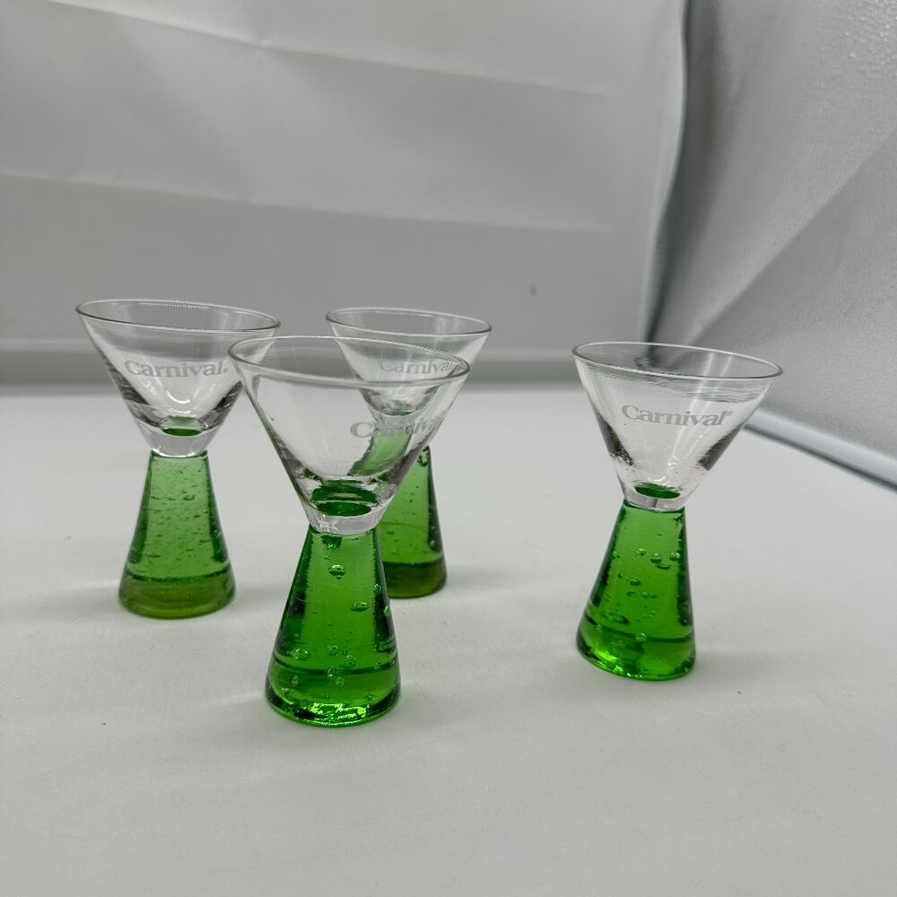 Set of 4 Vintage Carnival Cruise Line Ship Shot Glasses 4" Green Bubble Bottom